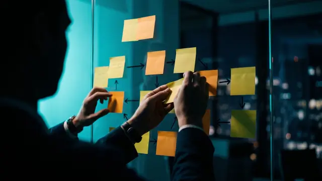 Pessoa organizando post-its de um fluxo num vidro
